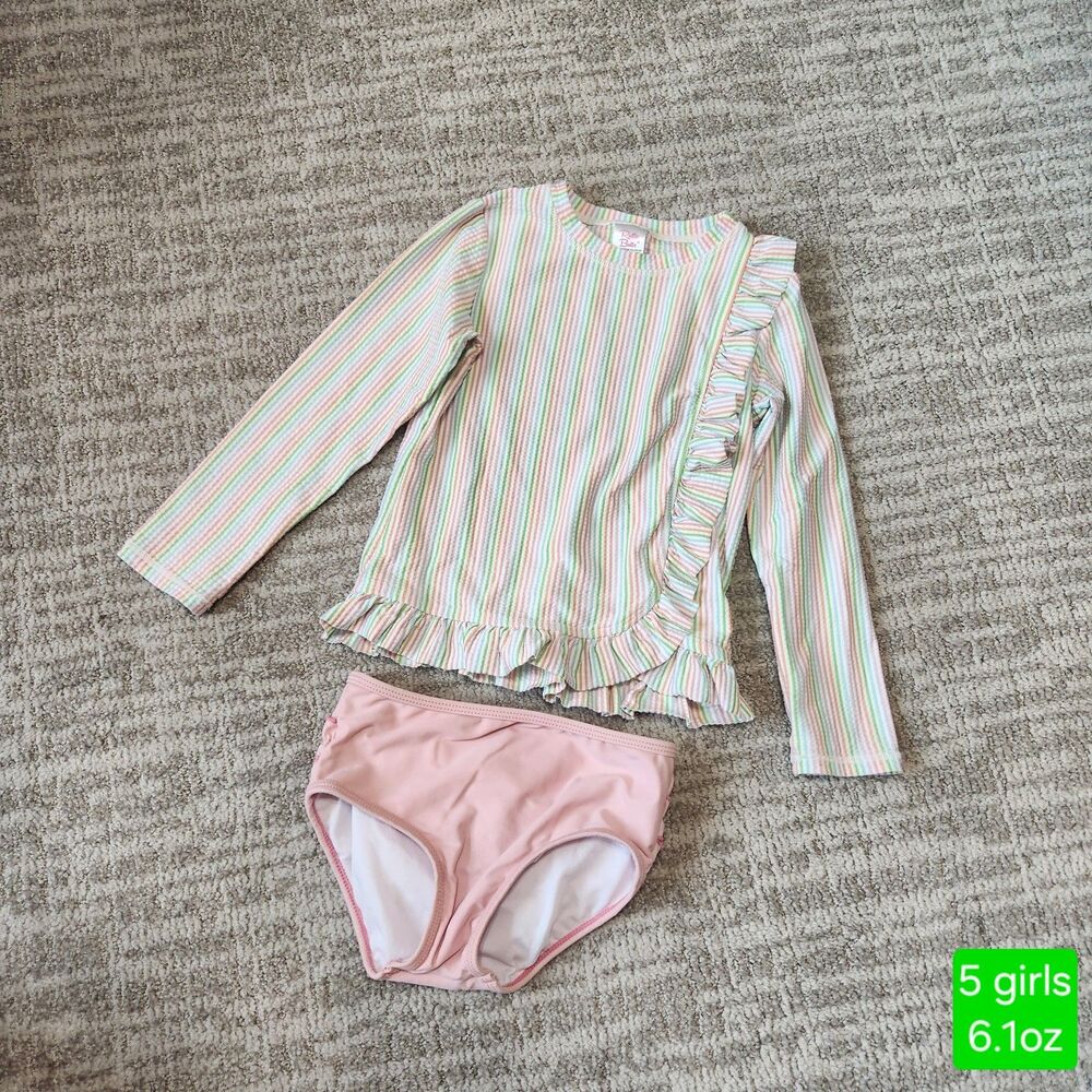 RuffleButts girls 2 piece seersucker swimsuit long sleeve rash guard size 5